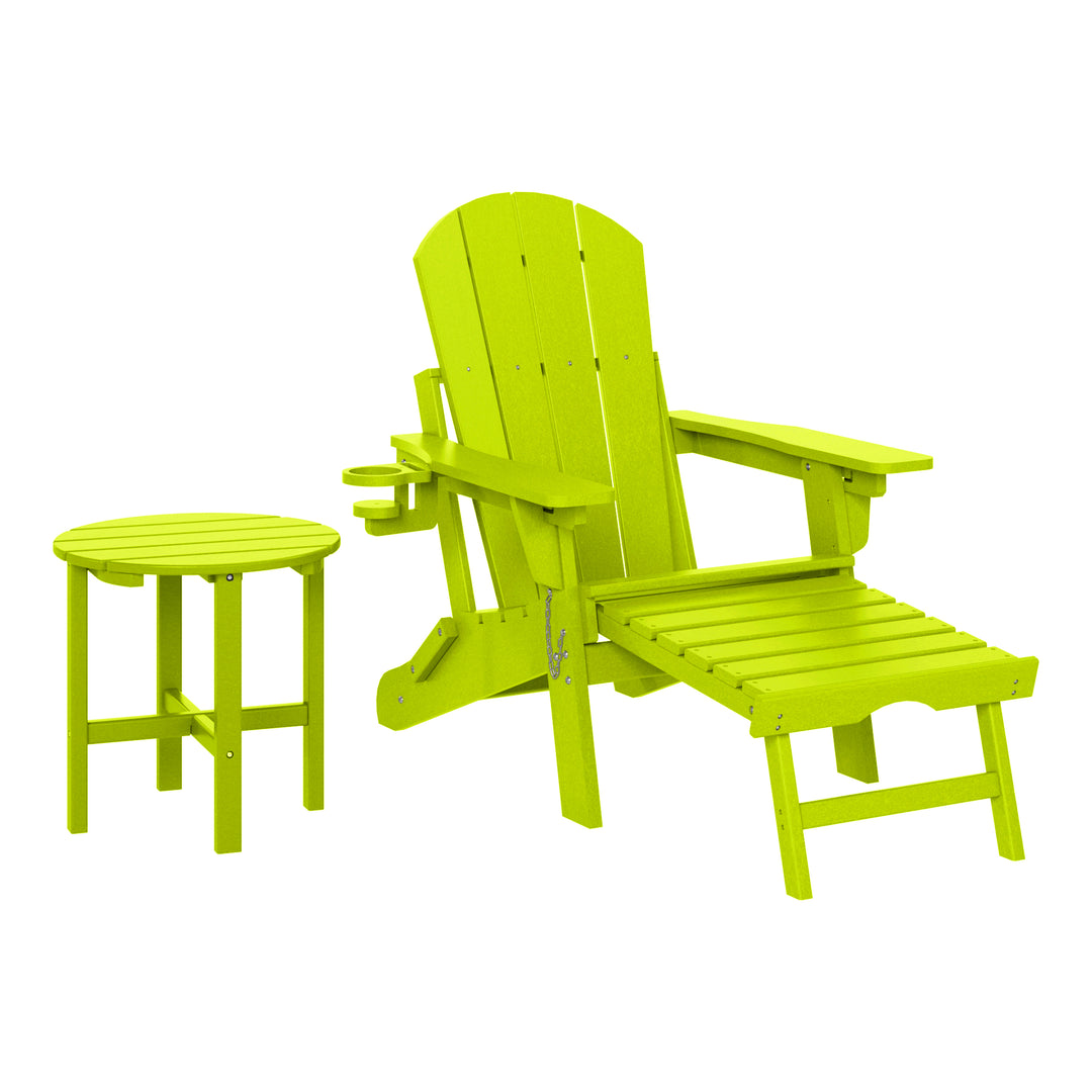 Malibu 2-Piece Outdoor Folding Adjustable Adirondack Chair with Cup Holder & Hideaway Ottoman and 18" Side Table