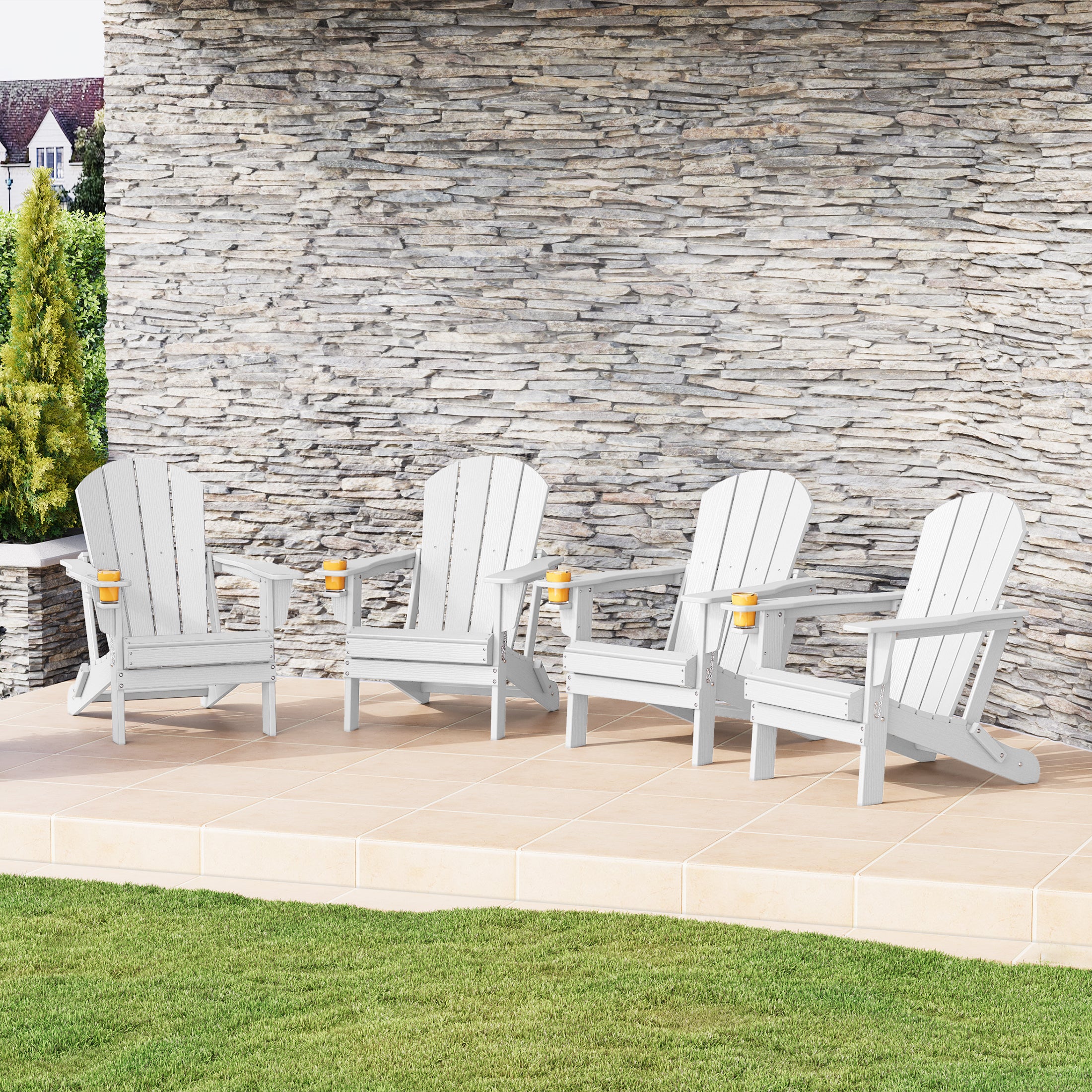 Nantucket Outdoor Patio HDPE Resin Folding Adirondack Chairs With Cup Holder and Phone Holder (Set of 4)