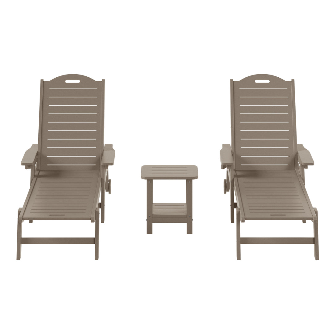 Aruba 3-Piece Outdoor Patio Chaise Lounge Chair with Wheels & Cup Holder with Patio Side Table