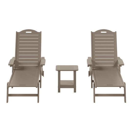 Aruba 3-Piece Outdoor Patio Chaise Lounge Chair with Wheels & Cup Holder with Patio Side Table