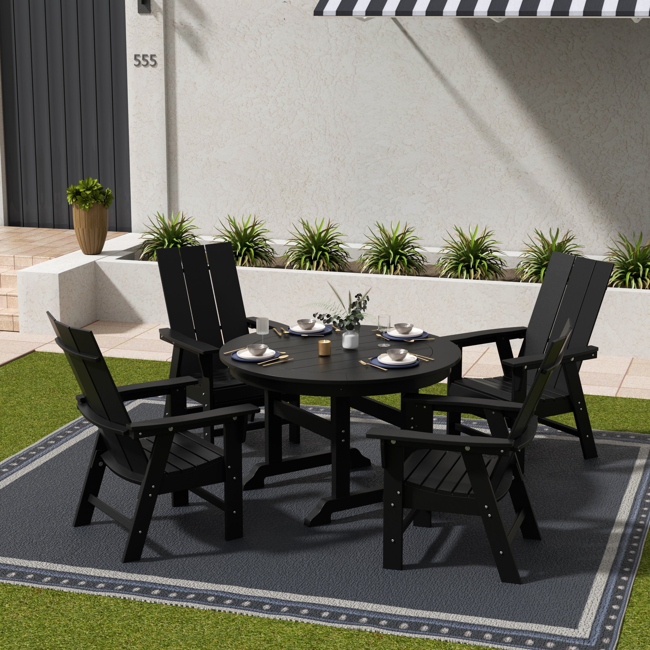 Ashore 5 Piece Outdoor Patio Dining Round Table and Modern Armchair Set