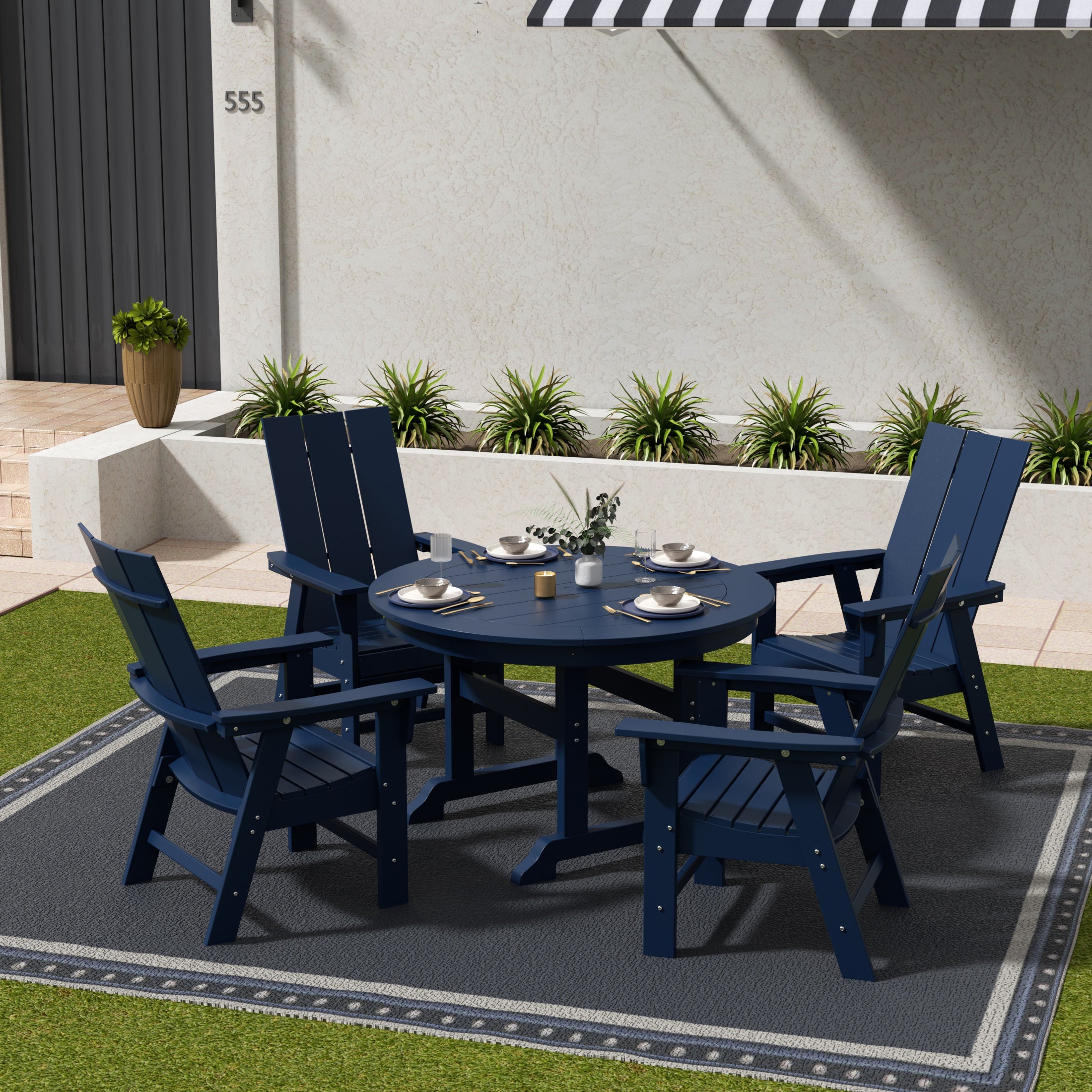 Ashore 5 Piece Outdoor Patio Dining Round Table and Modern Armchair Set