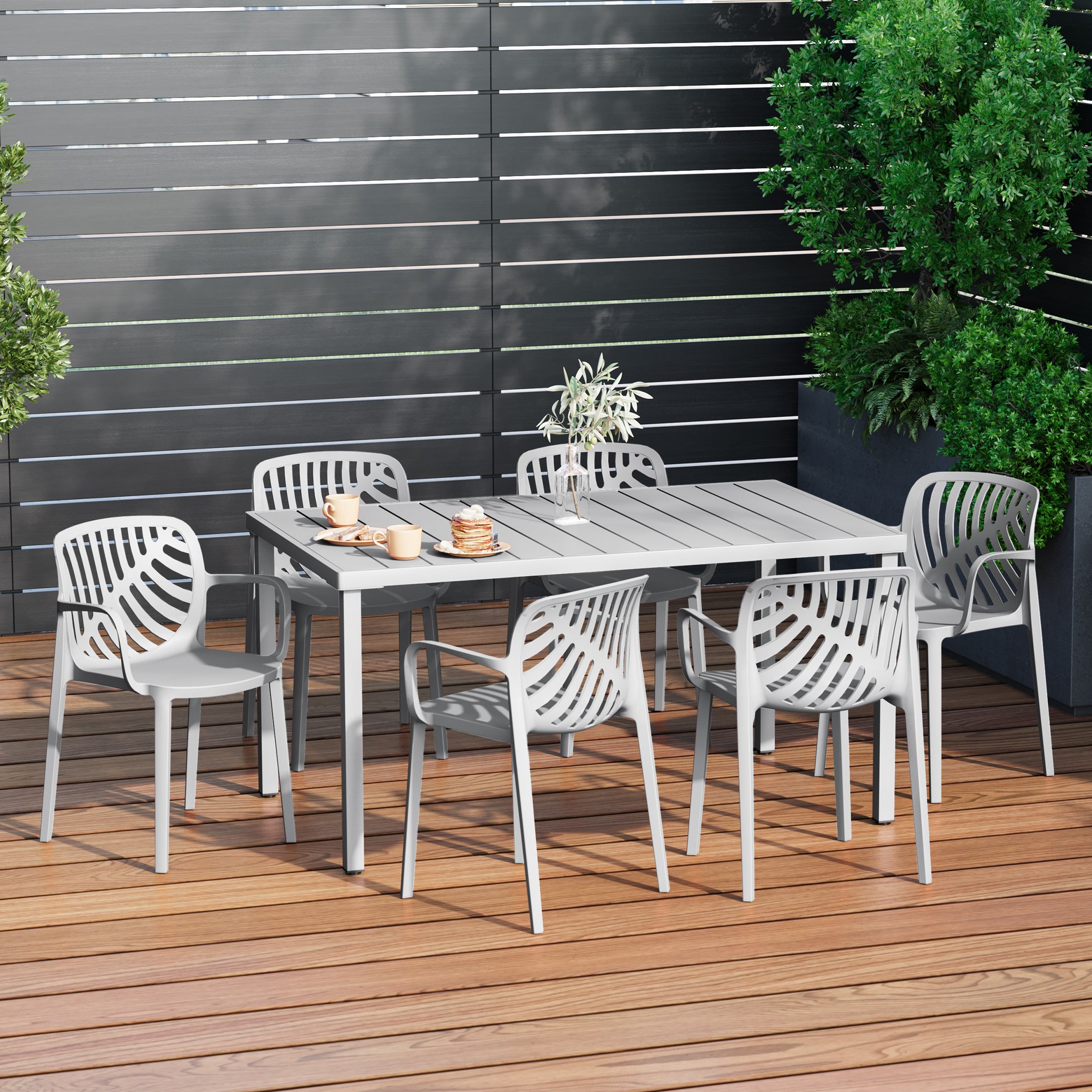 Playa 7-Piece Outdoor Metal Rectangle Patio Dining Table Set With Stackable Resin Patio Dining Chairs