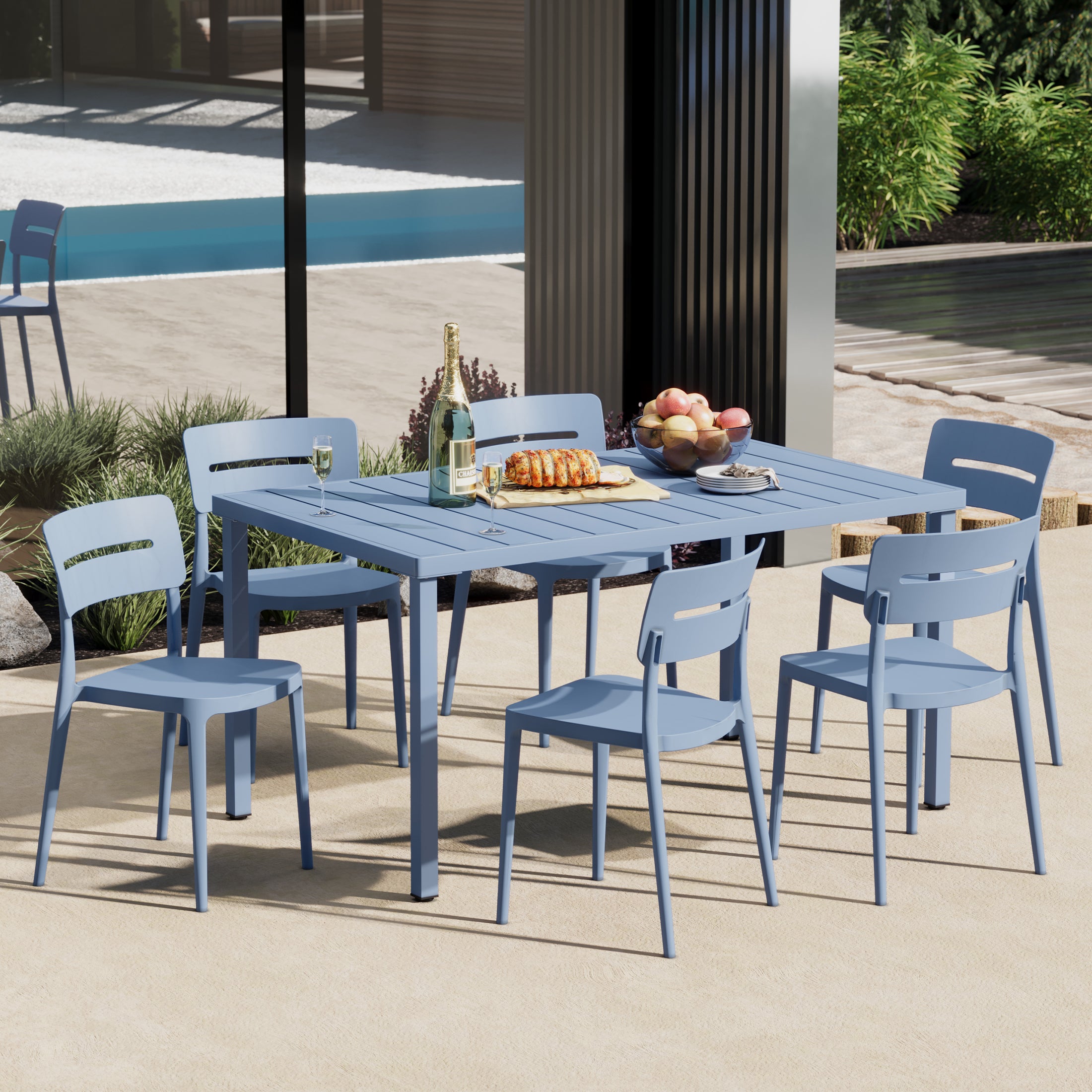 Playa 7-Piece Outdoor Rectangular Metal Patio Dining Table Set With Stackable Patio Chairs