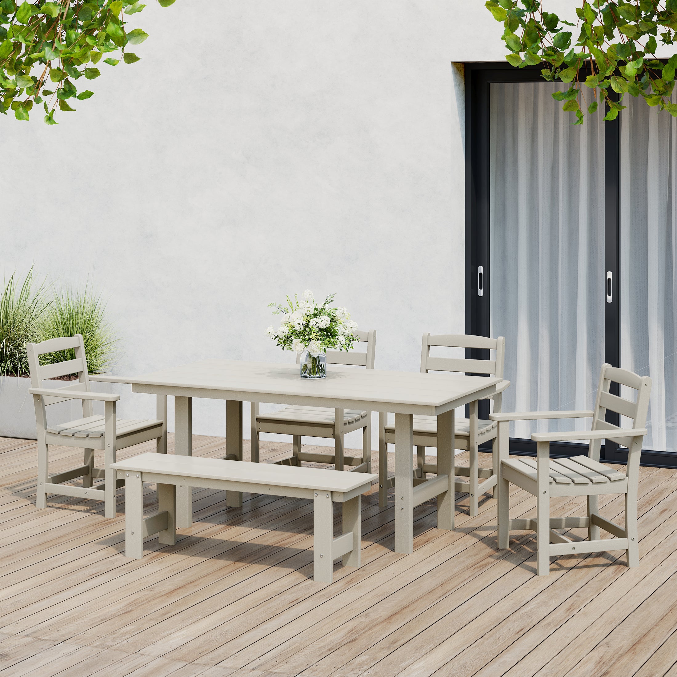 Ashore 6-Piece Outdoor HDPE Patio Dining Table Set with Bench