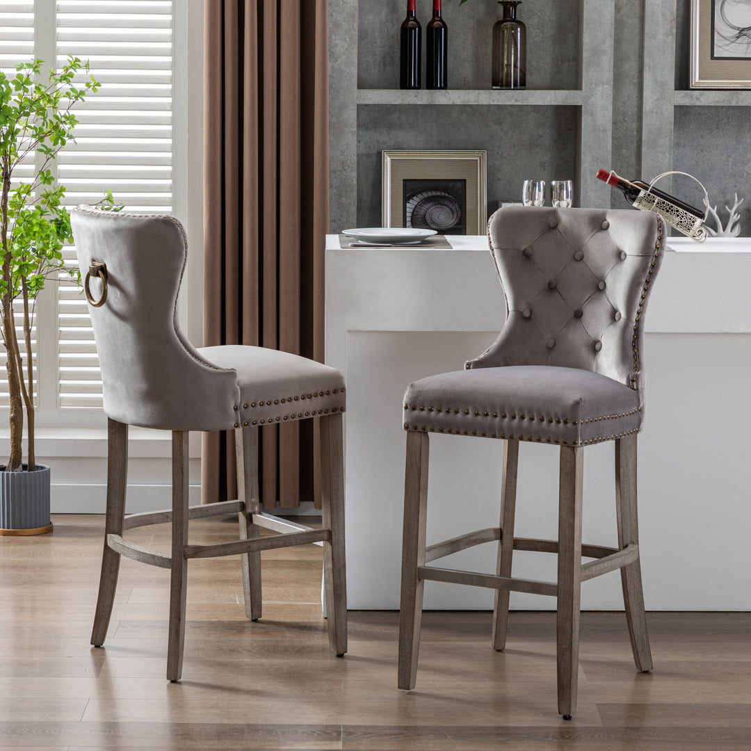 Wordford 29" Tufted Velvet Bar Stool (Set of 2), Antique Gray