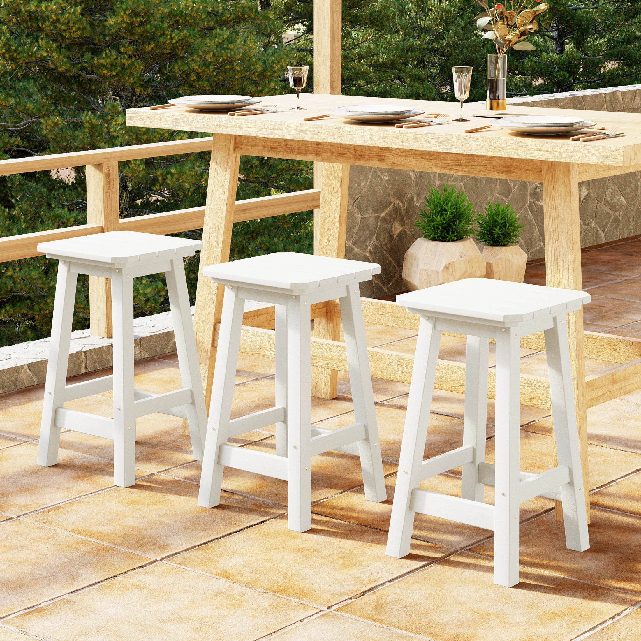 Malibu 24" HDPE Outdoor Patio Counter High Backless Square Bar Stools Set of Three