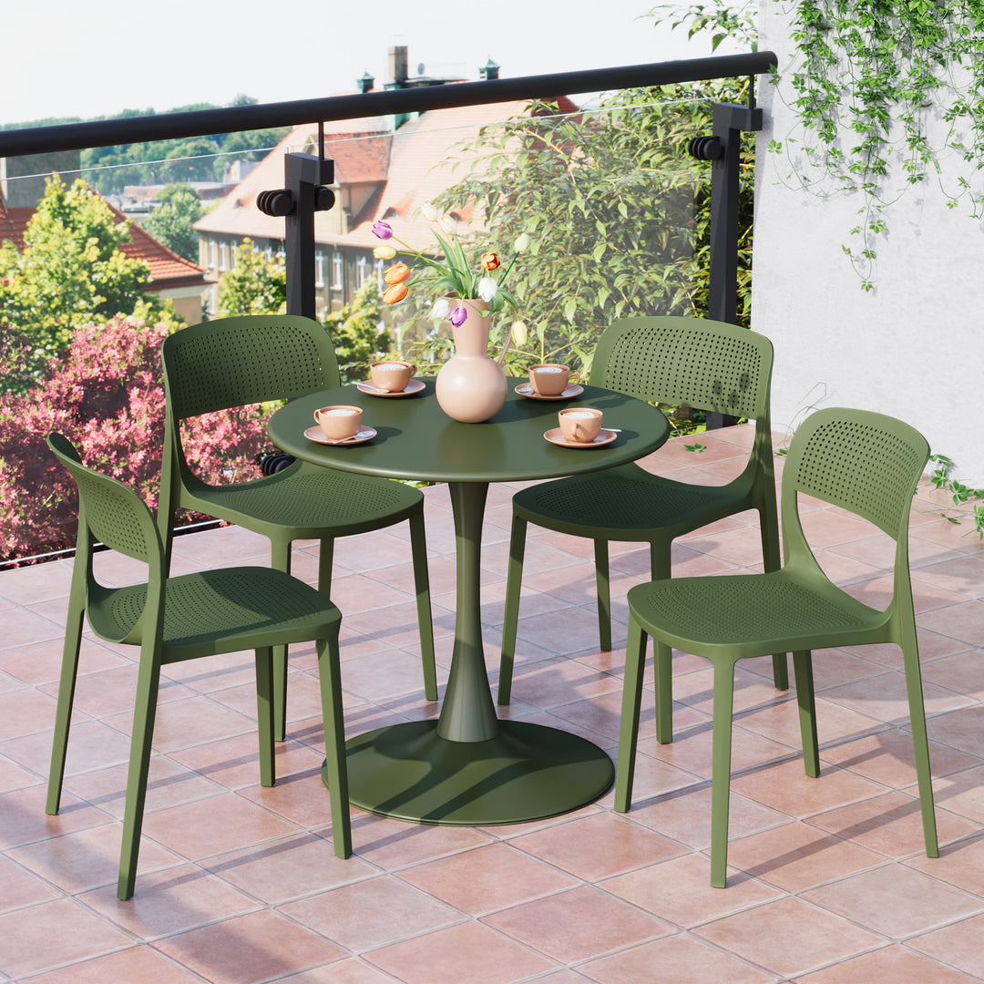 Playa 5-Piece Round Metal Bistro Dining Table Set And Stackable Resin Patio Dining Side Chairs