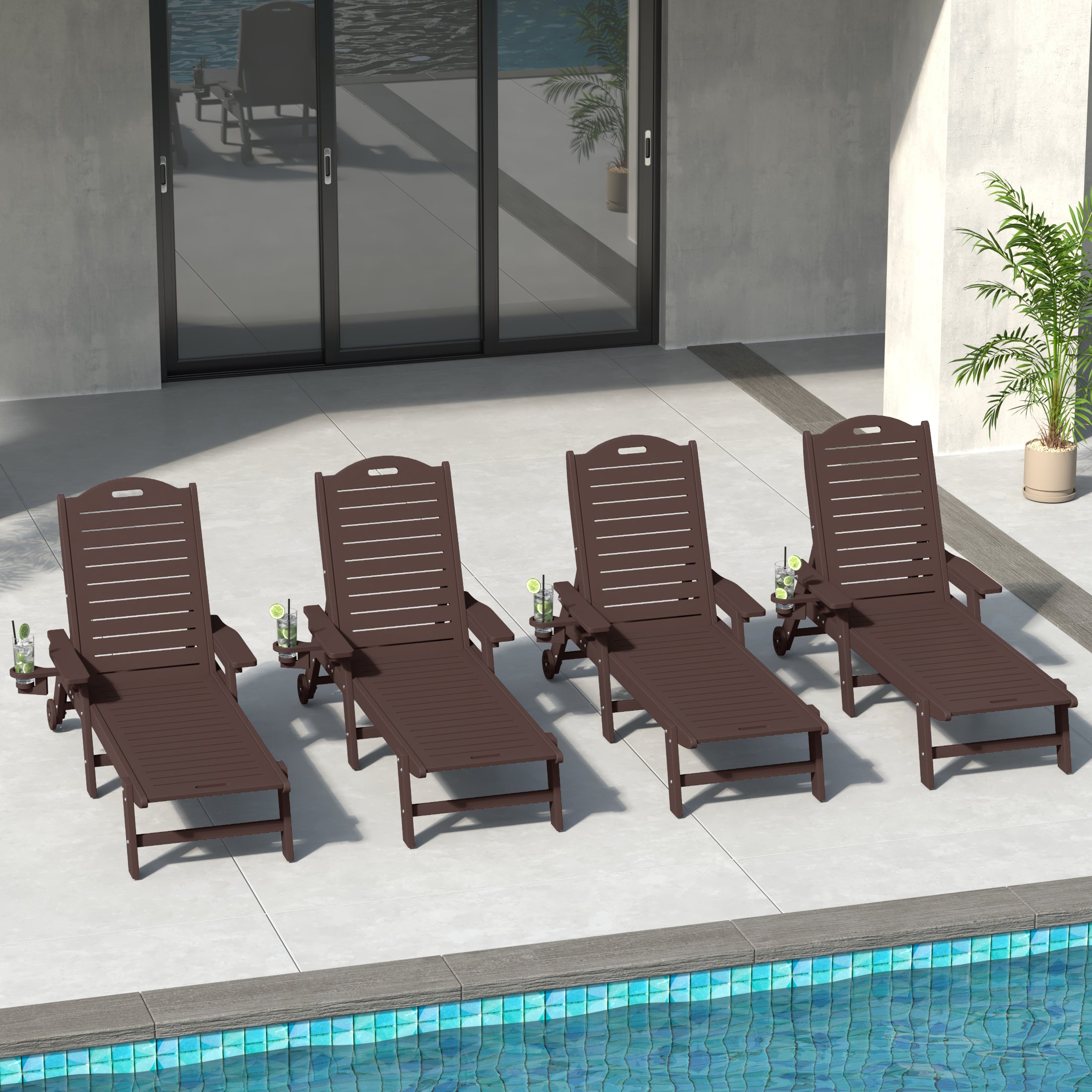 Aruba Outdoor HDPE Patio Chaise Lounges With Wheels & Cup Holder (Set of 4)