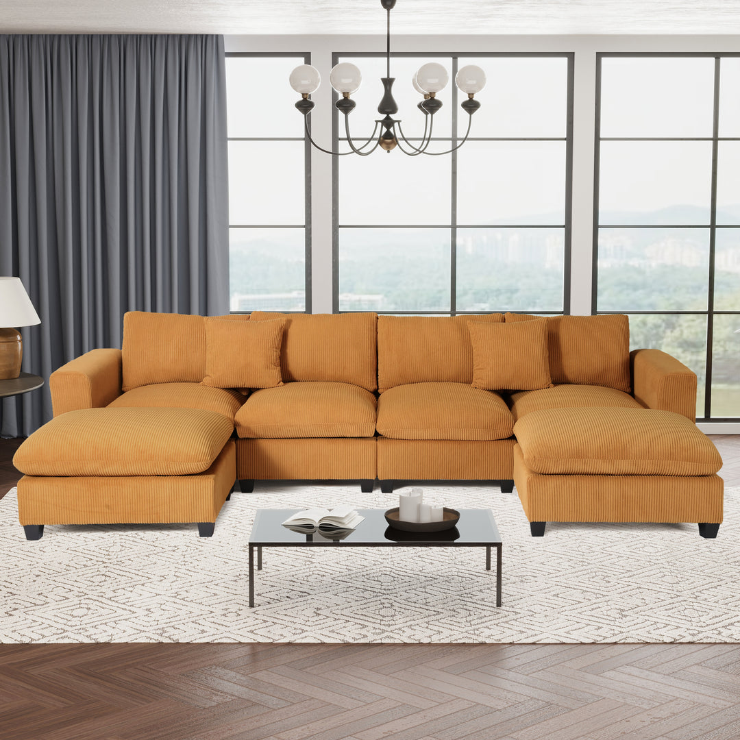 Hearthside 128" Corduroy Modular U-Shaped Sectional Couch and Chaise With USB/Type-C Ports and Side Pockets