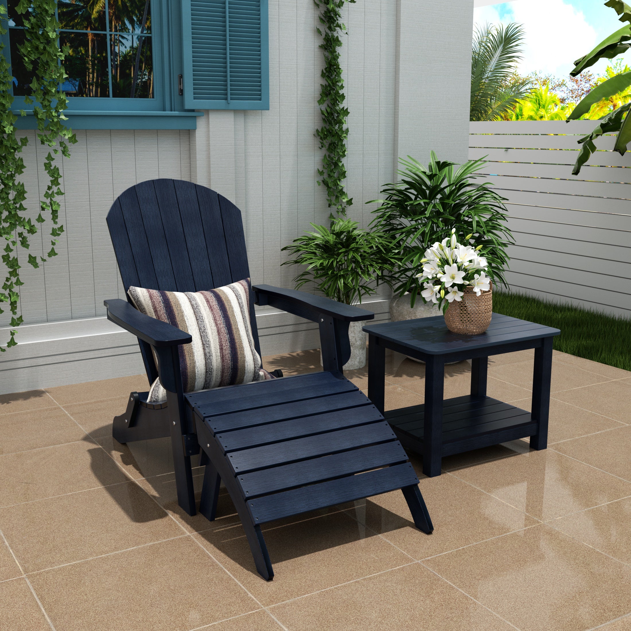 Tuscany 3-Piece HIPS Outdoor Folding Adirondack Seashell Chair With Folding Ottoman And Side Table