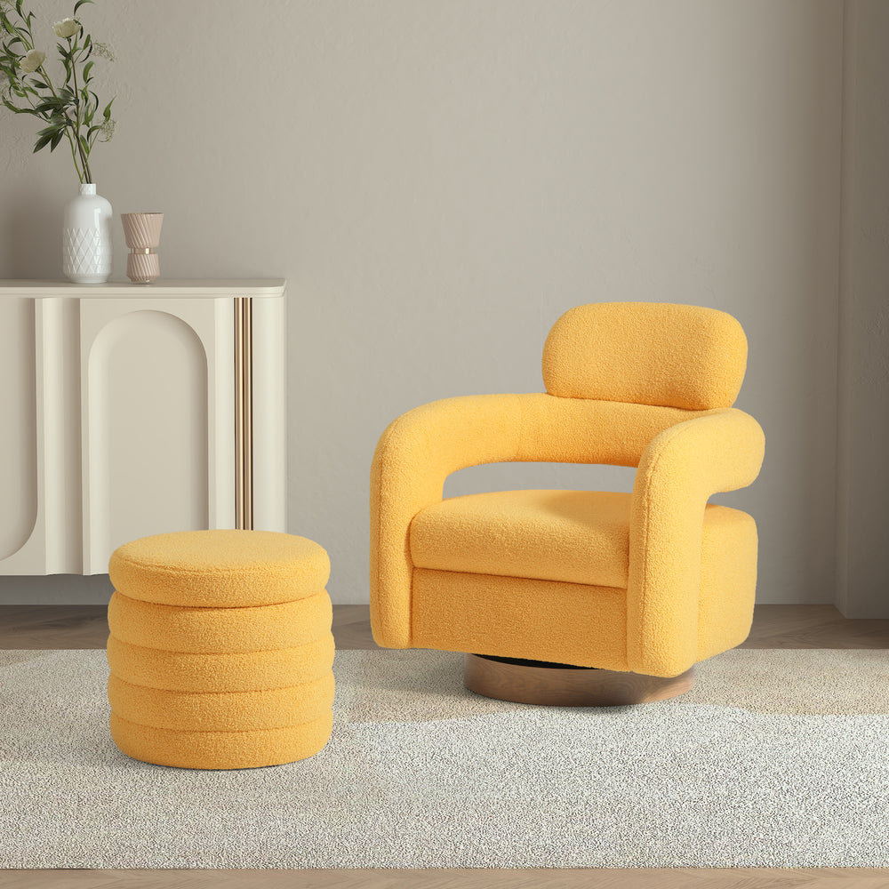 Alexandria Mid-Century Modern Sherpa Swivel Barrel Accent Chair With Storage Ottoman