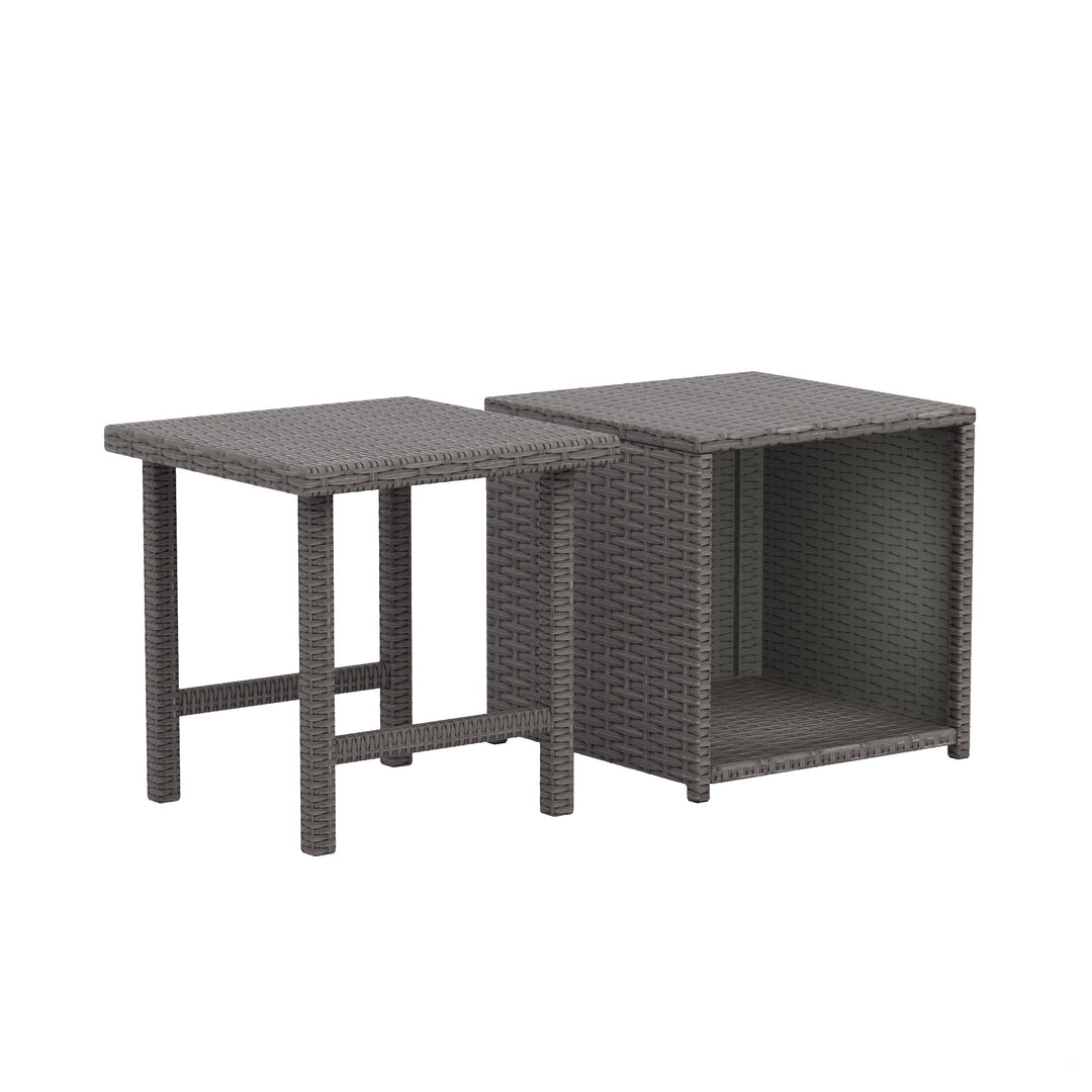 Coastal 2-Piece Wicker Outdoor Storage Ottoman and Square Side Table Set