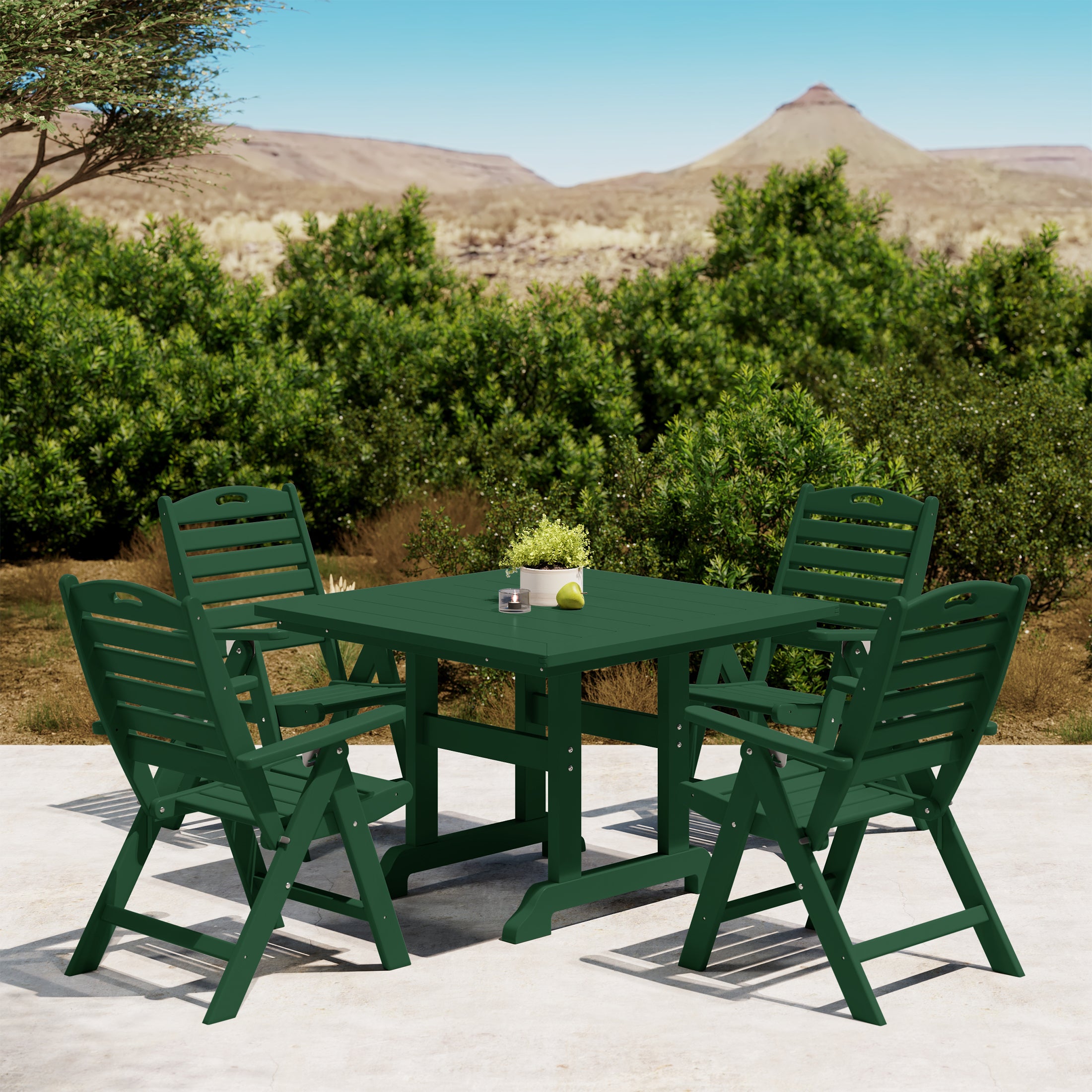 Malibu 5-Piece HDPE Square Patio Dining Table Set with Foldable Chairs