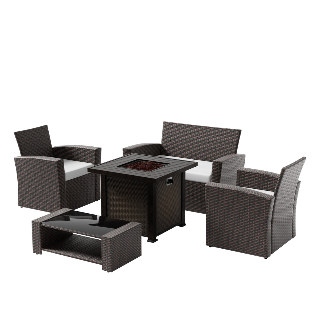 Coastal 4-Piece Chocolate Outdoor Patio Conversation Sofa Set with Square Fire Pit Table