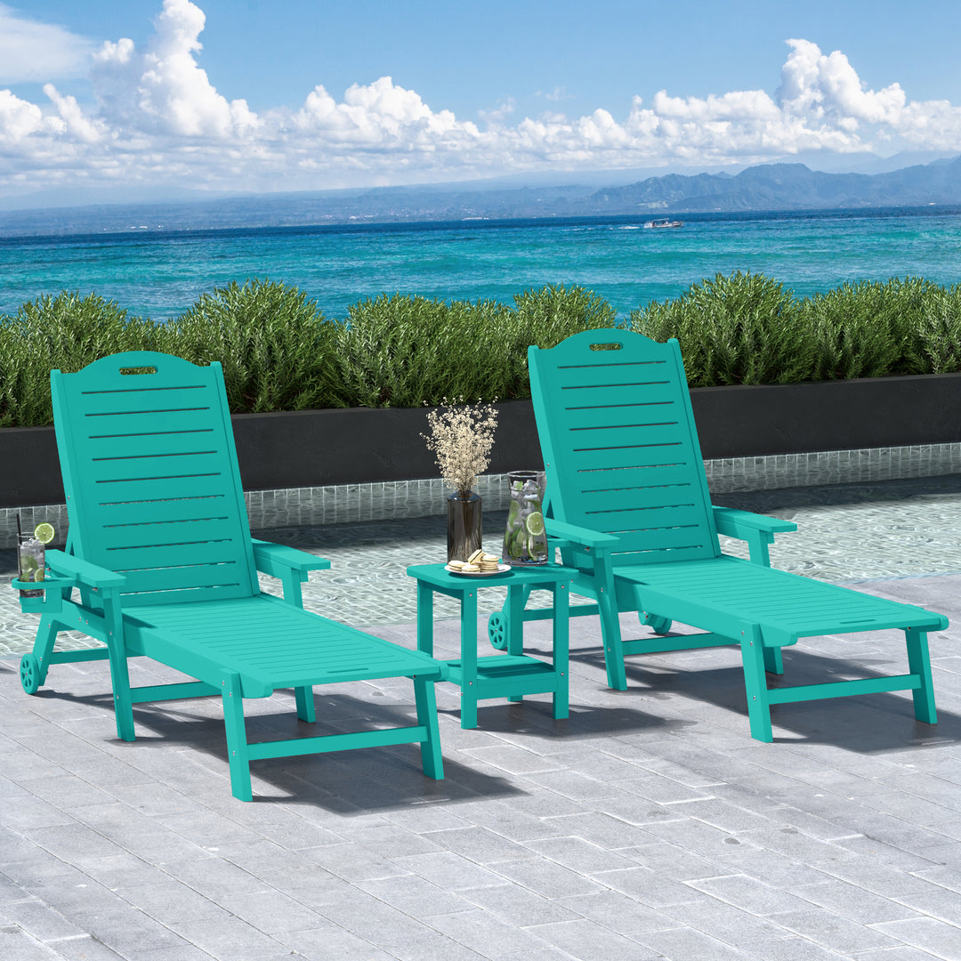 Aruba 3-Piece Outdoor Patio Chaise Lounge Chair with Wheels & Cup Holder with Patio Side Table