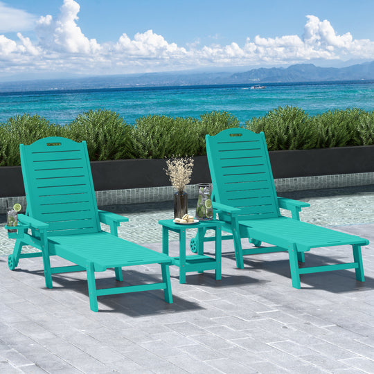 Aruba 3-Piece Outdoor Patio Chaise Lounge Chair with Wheels & Cup Holder with Patio Side Table