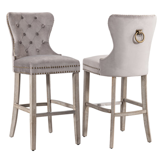 Wordford 29" Tufted Velvet Bar Stool (Set of 2), Antique Gray