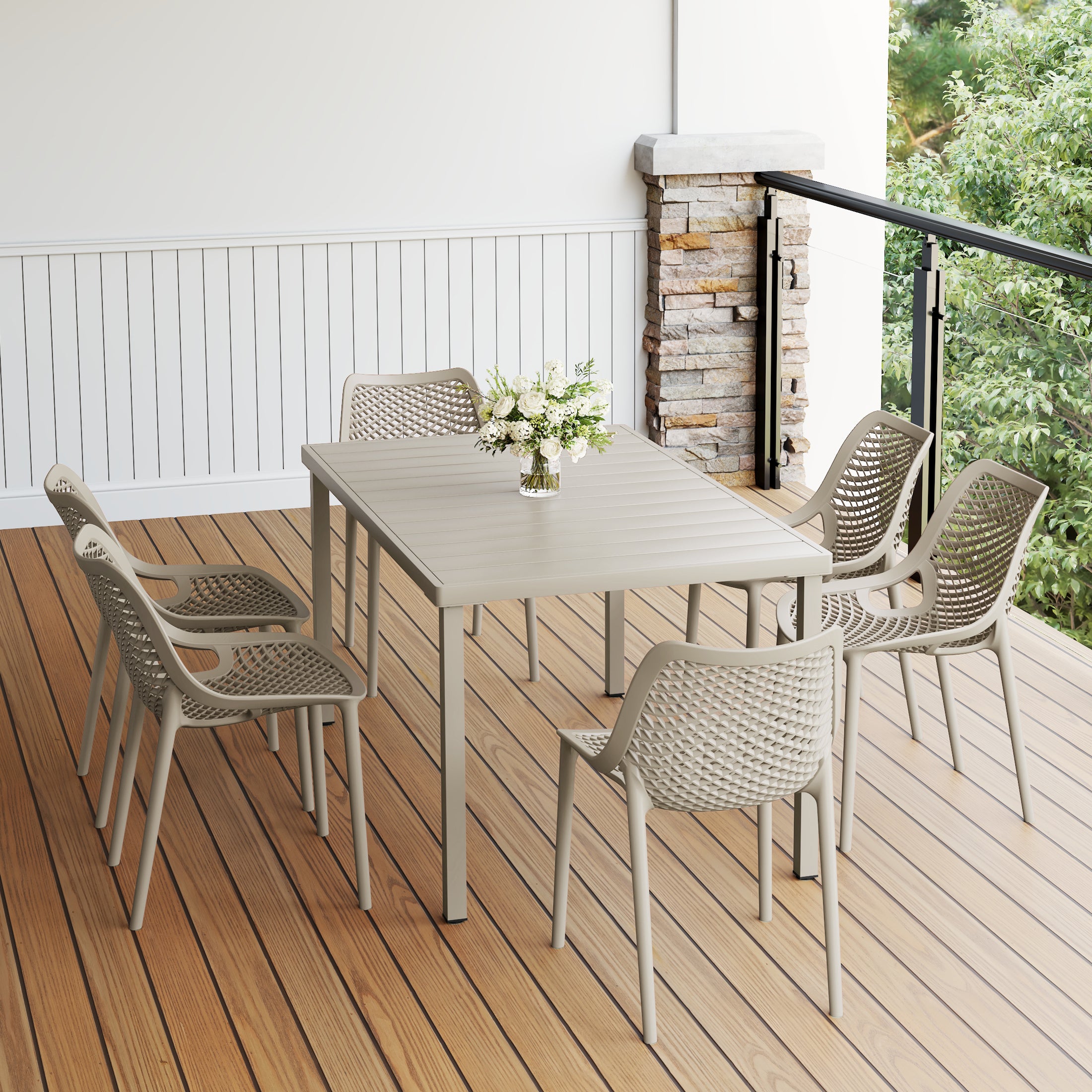 Playa 7-Piece Outdoor Metal Patio Dining Table Set With Stackable Patio Chairs