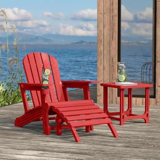 Azura 3-Piece HDPE Outdoor Patio Adirondack Chair with Ottoman and 18" Side Table Set