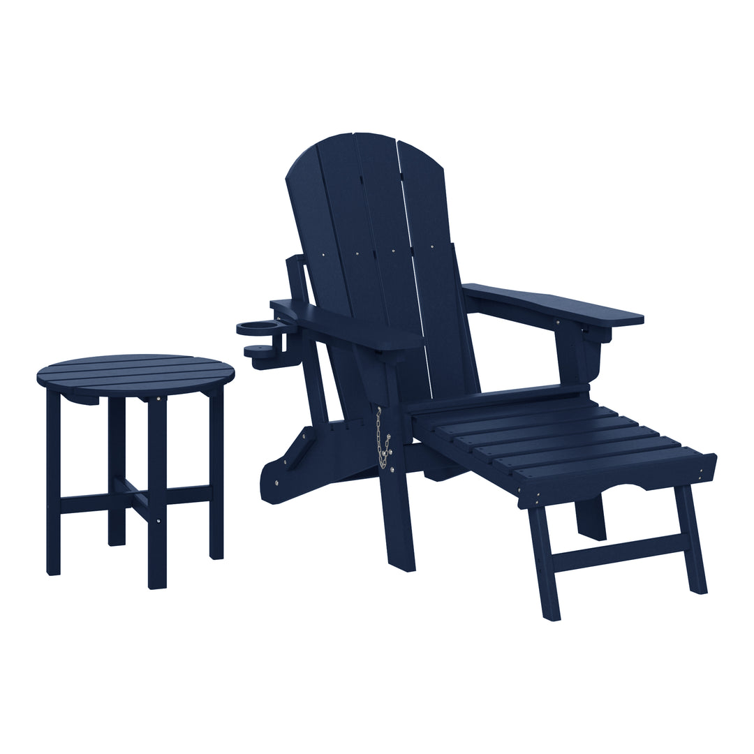 Malibu 2-Piece Outdoor Folding Adjustable Adirondack Chair with Cup Holder & Hideaway Ottoman and 18" Side Table