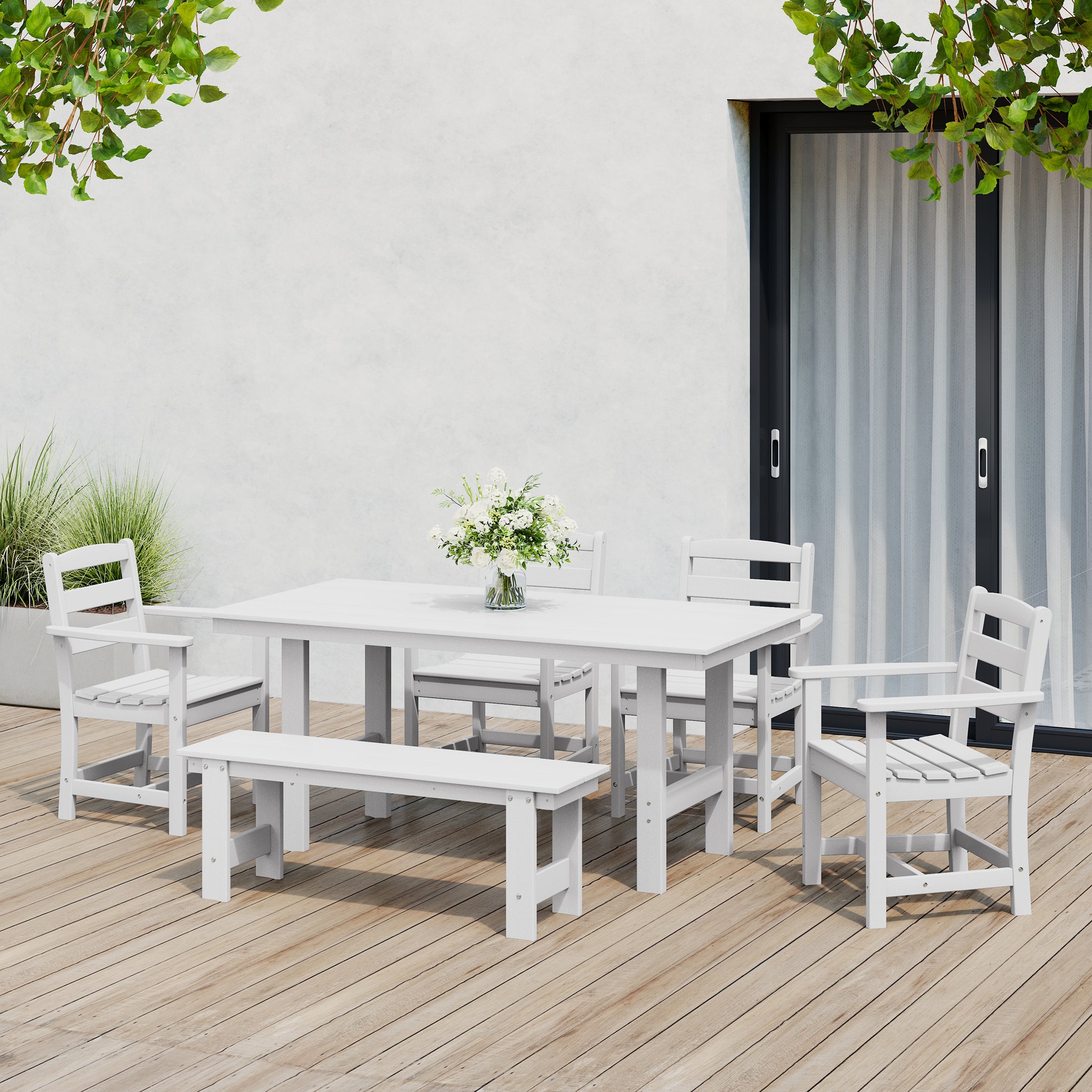 Ashore 6-Piece Outdoor HDPE Patio Dining Table Set with Bench