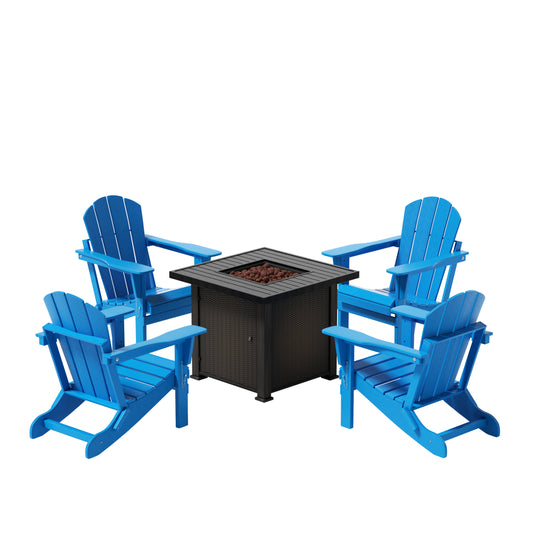 Malibu Modern Folding Poly Adirondack Chair With Square Fire Pit Table Set