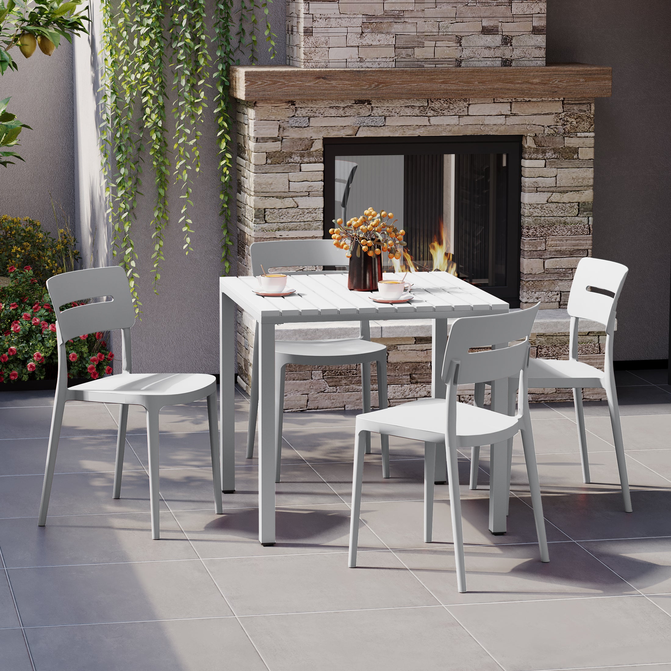Playa 5-Piece Outdoor Metal Frame Dining Table Patio Set with Stackable Patio Dining Chairs
