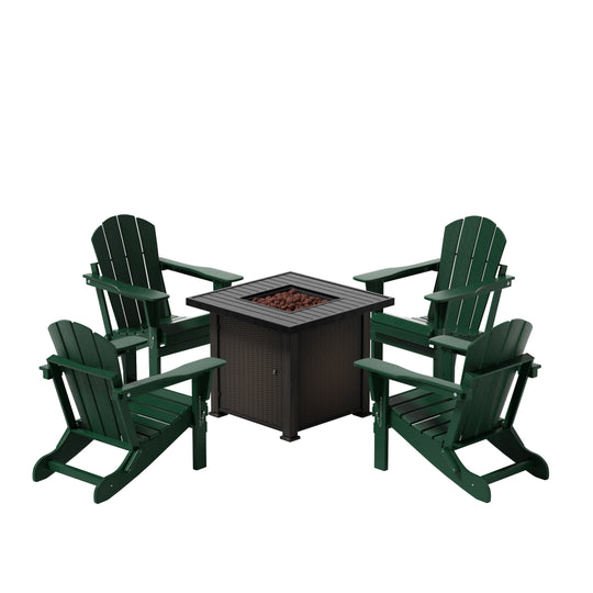 Malibu Modern Folding Poly Adirondack Chair With Square Fire Pit Table Set