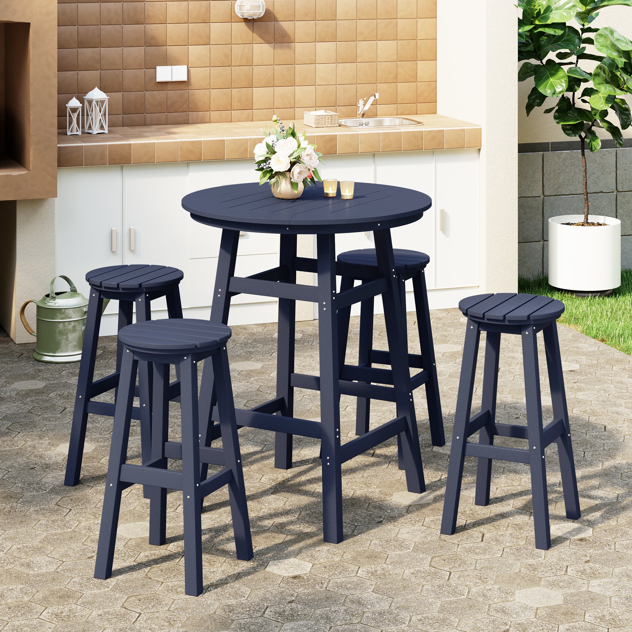 Malibu 5-Piece HDPE Outdoor Patio Dining Bar Bistro Table Set with Bar Stools