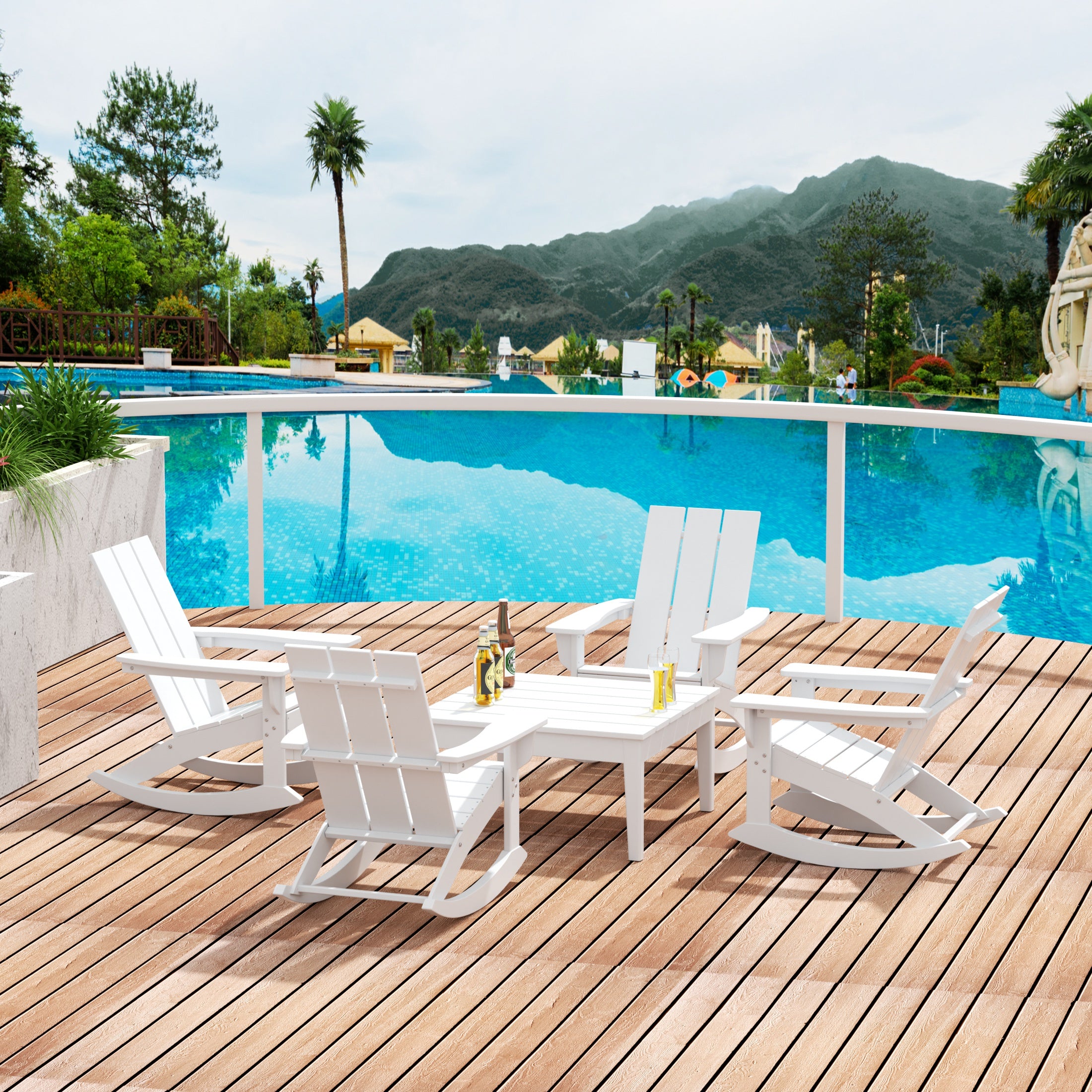 Ashore 5-Piece Set Modern Plastic Outdoor Rocking Chairs with Square Side Table