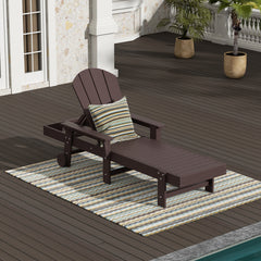 Malibu reclining chaise lounge with arms and wheels in Dark Brown styled outdoors
