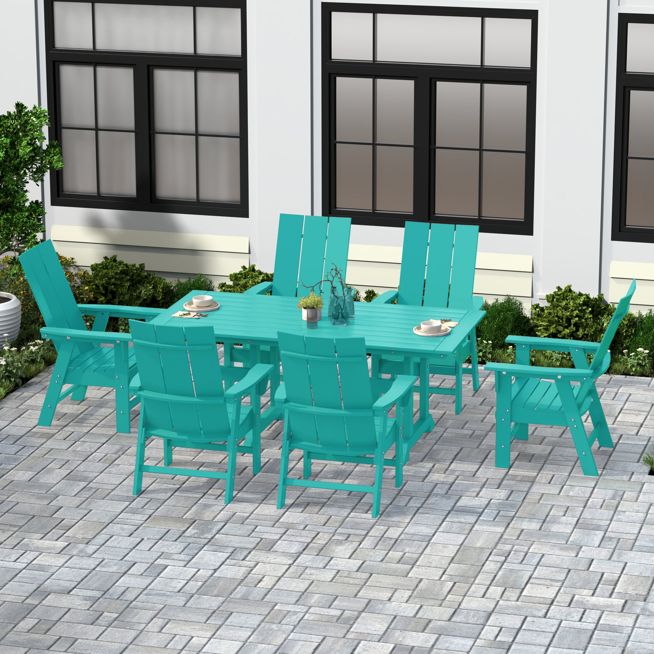 Ashore 7 Piece Outdoor Patio Dining Table and Modern Adirondack Armchair Set