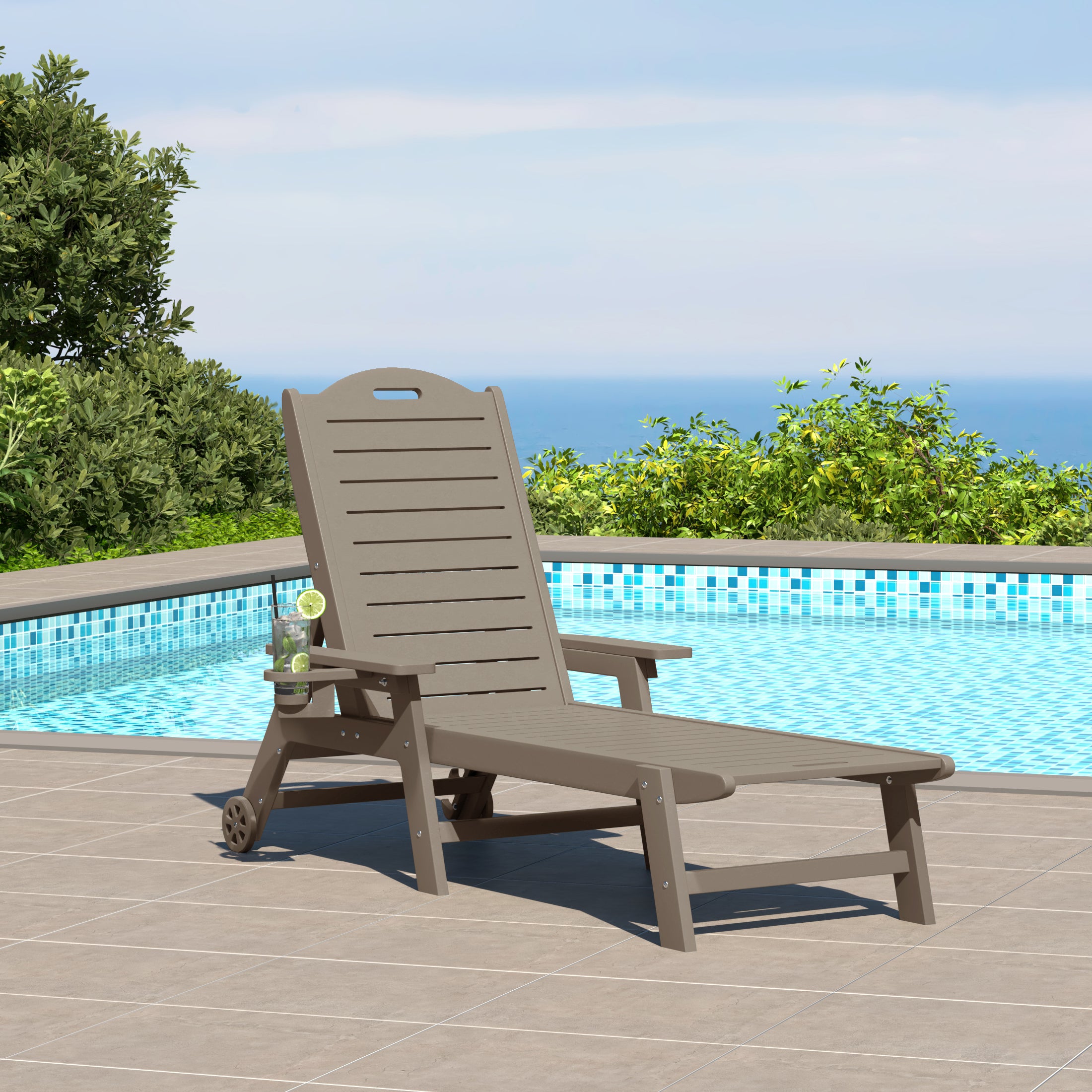 Aruba Outdoor HDPE Patio Chaise Lounge With Wheels & Cup Holder