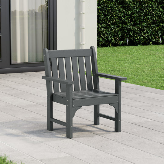 Malibu Adirondack dining arm chair in Gray styled outdoors