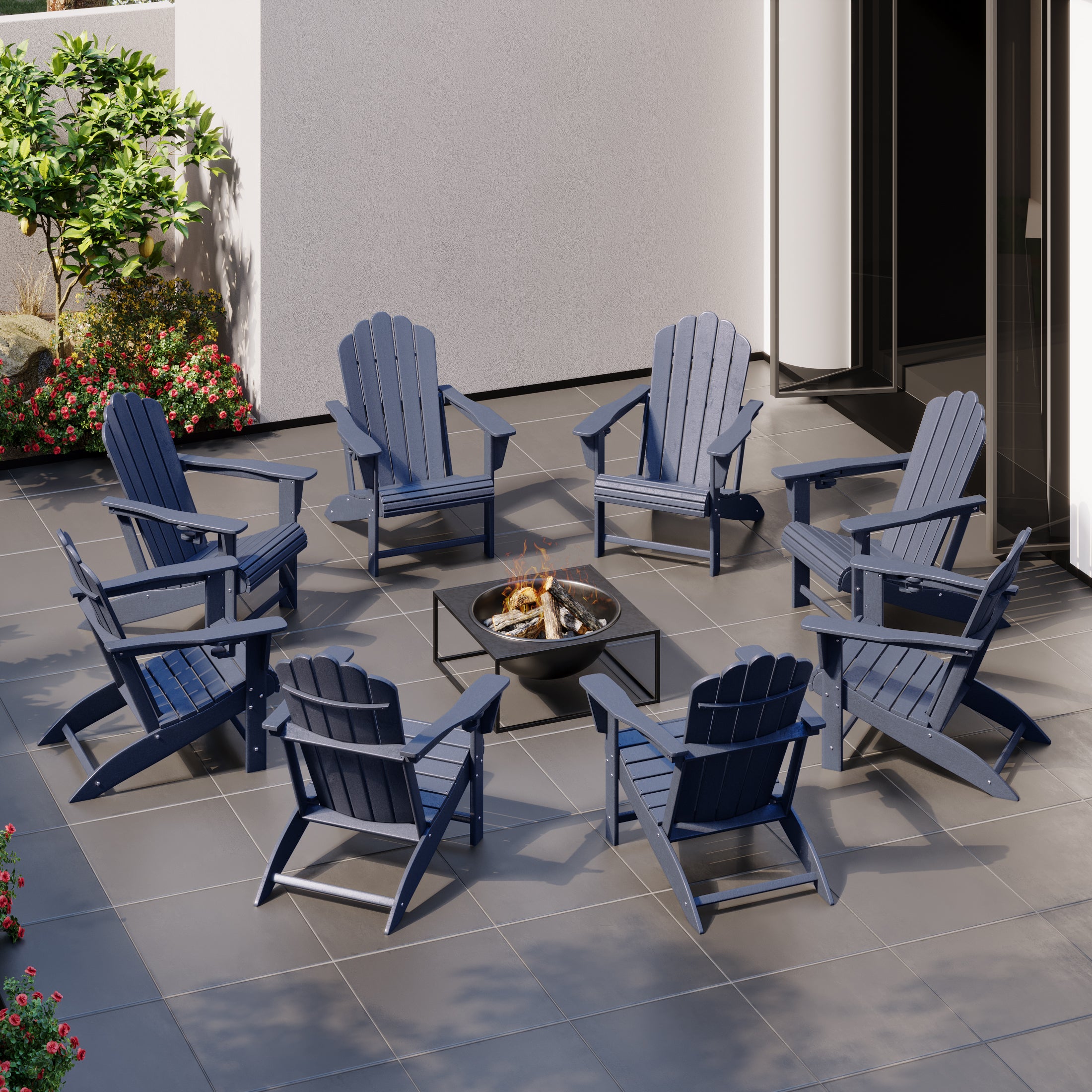 Highland Outdoor Patio HDPE Adirondack Chairs With Cup Holders (Set of 8)