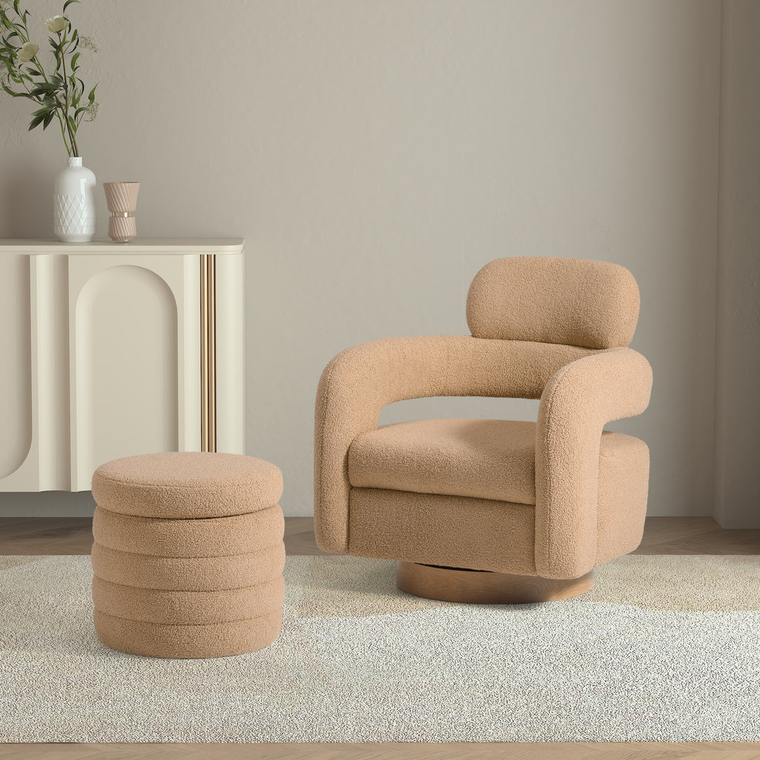 Alexandria Mid-Century Modern Sherpa Swivel Barrel Accent Chair With Storage Ottoman