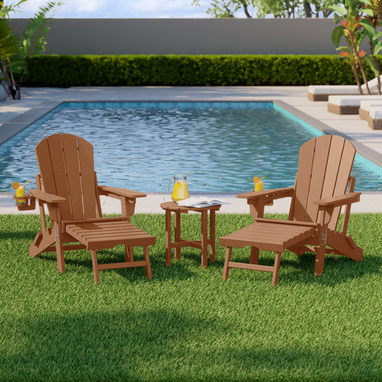 Malibu 3-Piece Outdoor Folding Adjustable Adirondack Chair with Cup Holder & Hideaway Ottoman and 18" Side Table