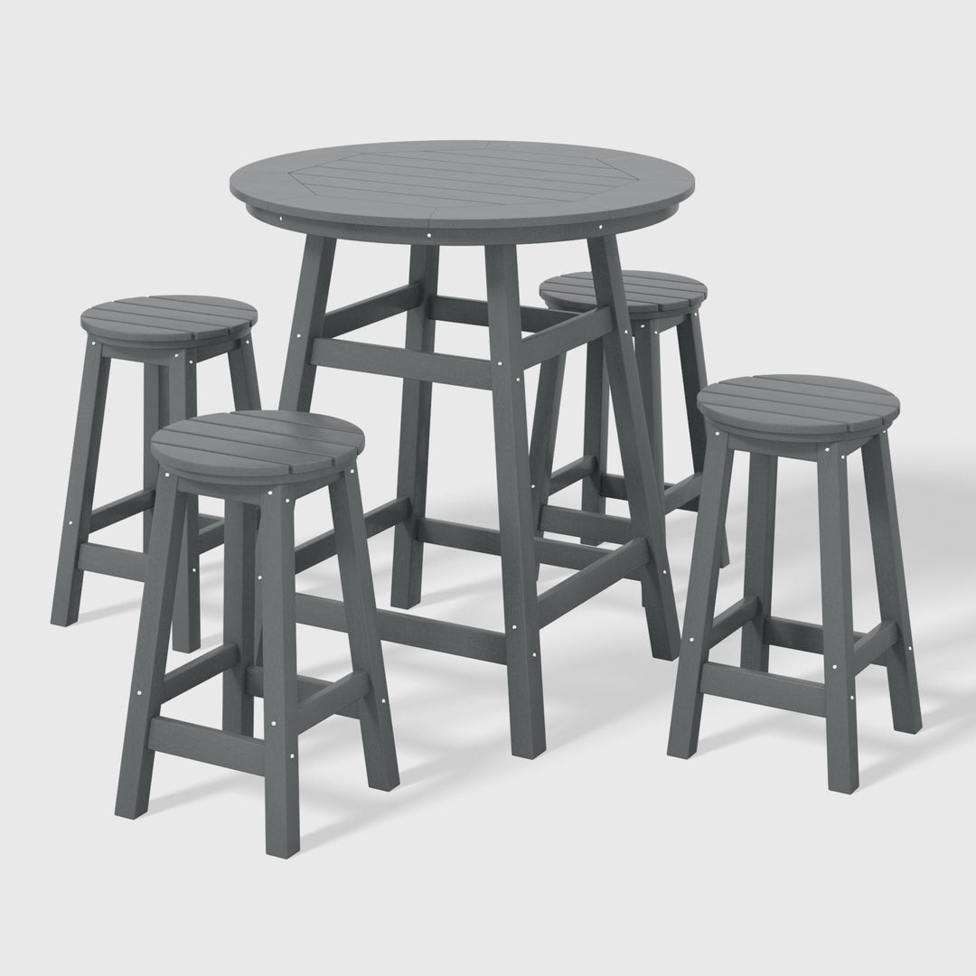 Malibu 5-Piece HDPE Outdoor Patio Dining Bar Bistro Table Set with Counter High Round Bar Stools