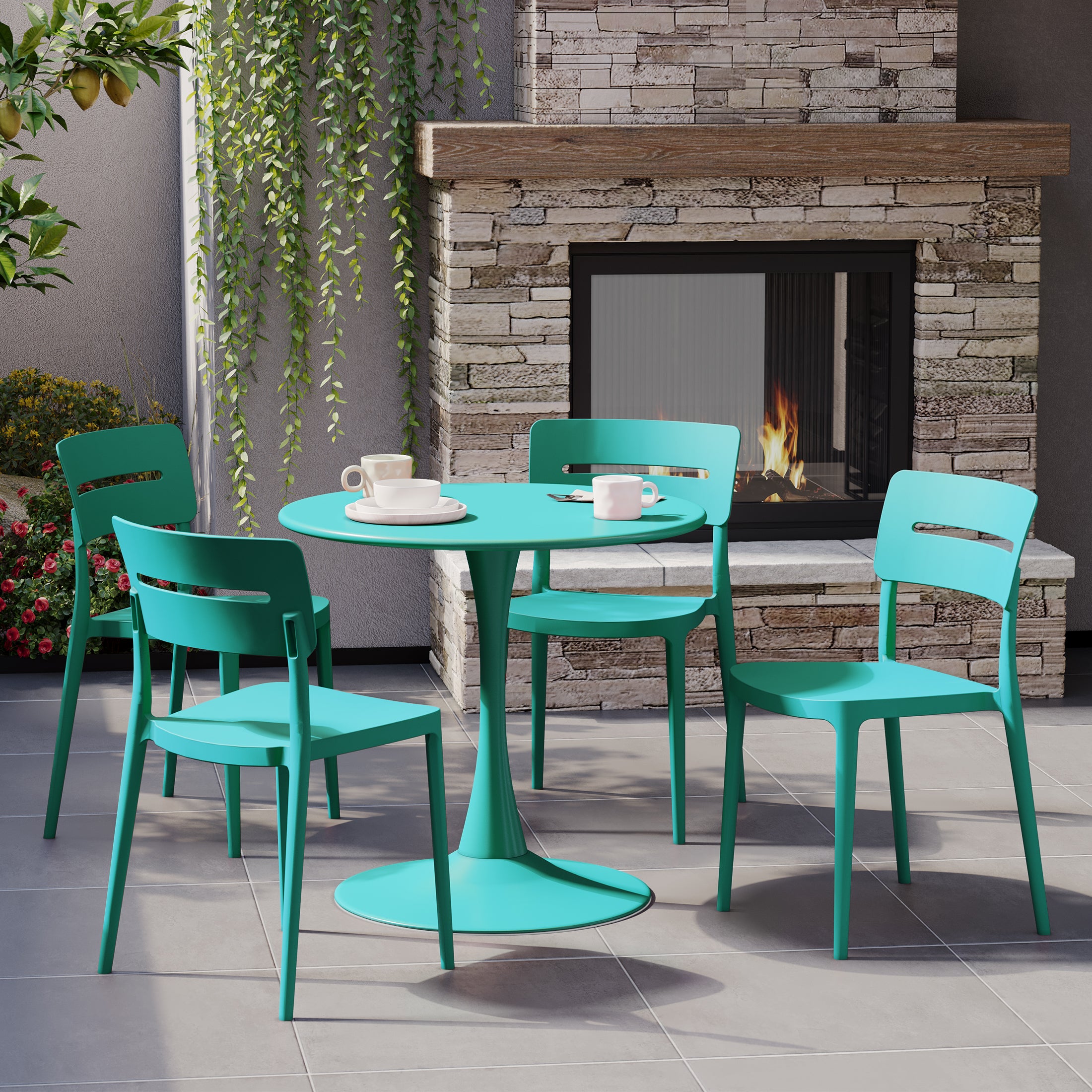 Playa 5-Piece Outdoor Indoor Round Metal Patio Dining Table Set With Stackable Patio Chairs