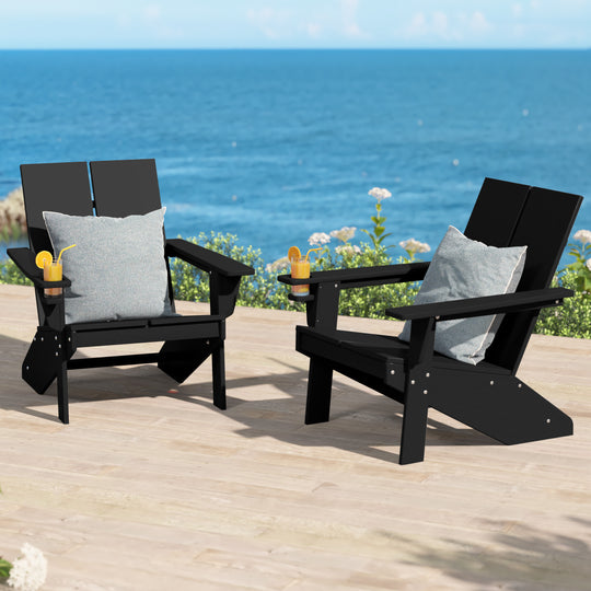 Riviera Outdoor HDPE Modern Adirondack Chair with Cup Holder (Set of 2)