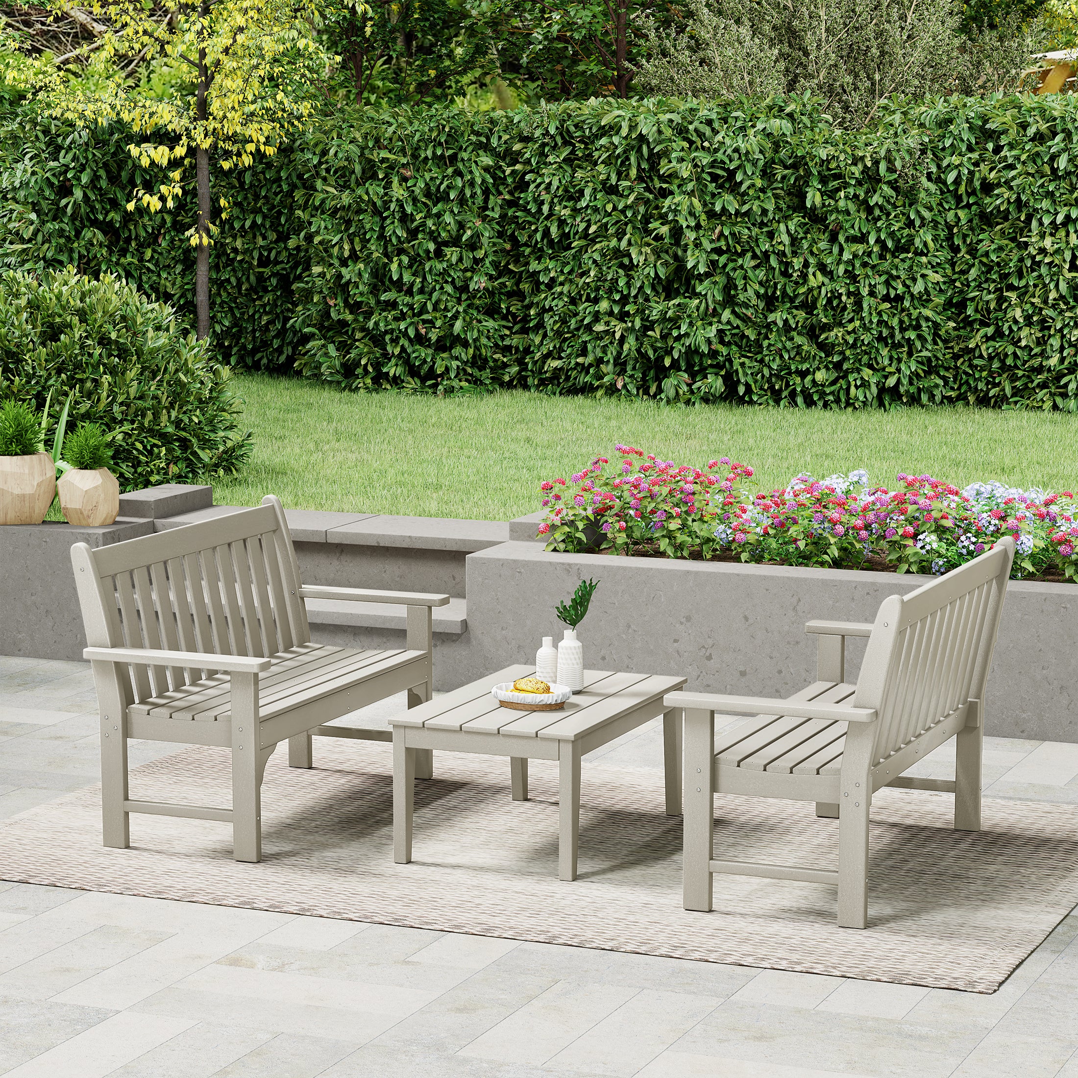 Malibu 3-Piece HDPE Outdoor Patio Furniture Couch and Coffee Table Set
