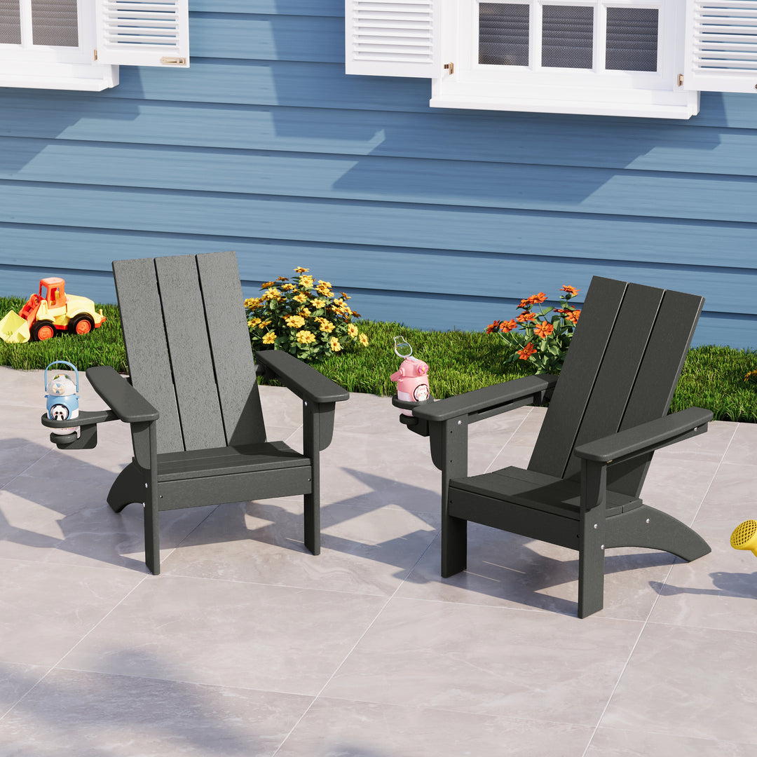 Ashore Kids Outdoor HDPE Plastic Modern Adirondack Patio Chairs with Cup Holders (Set of 2)