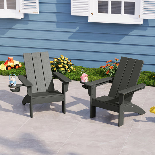 Ashore Kids Outdoor HDPE Plastic Modern Adirondack Patio Chairs with Cup Holders (Set of 2)
