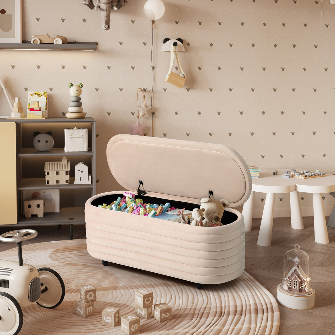 Phoebe 42" Wide Mid-Century Modern Upholstered Velvet Tufted Oval Storage Ottoman Bench