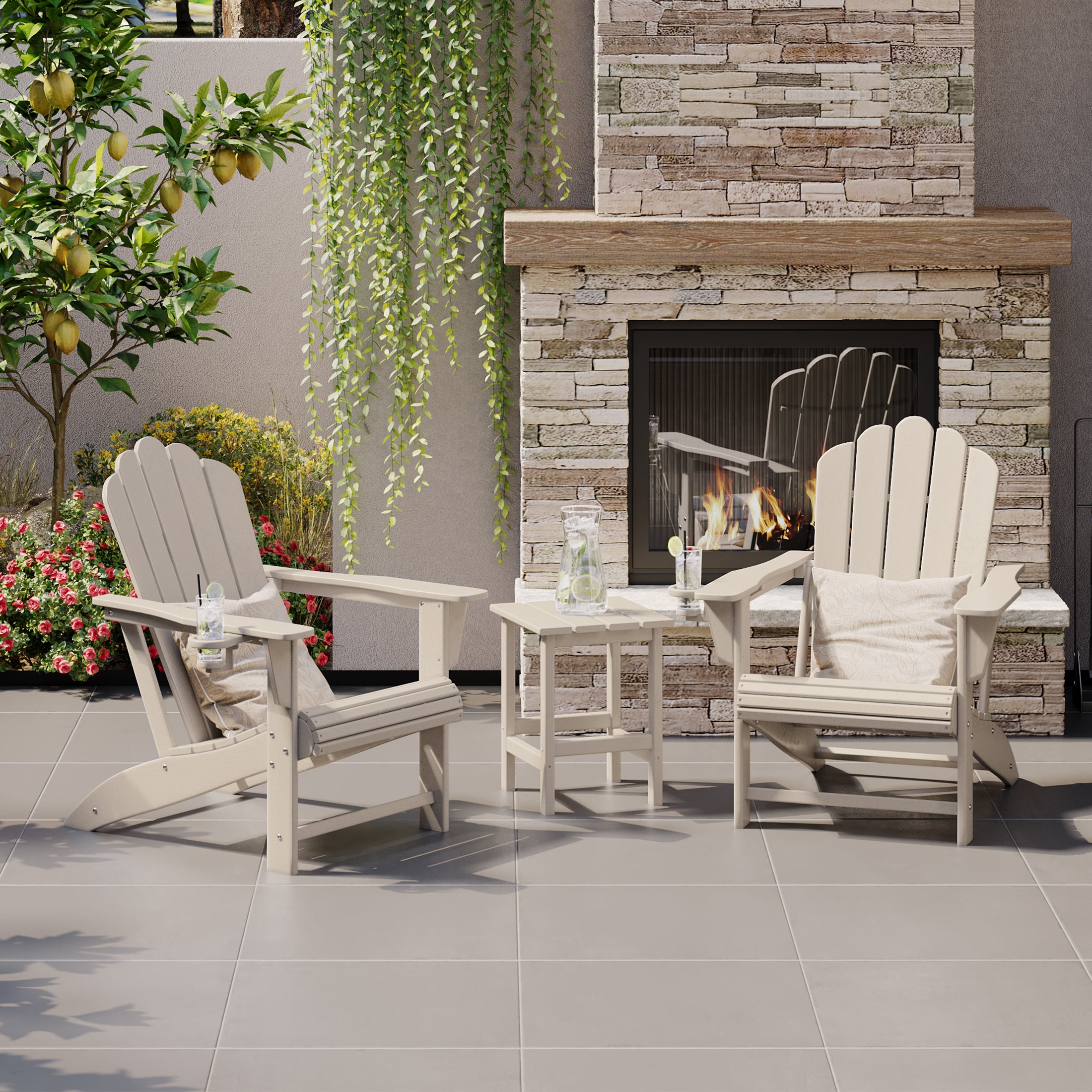 Highland 3-Piece Outdoor Patio HDPE Adirondack Chair With Cup Holder and Table Set