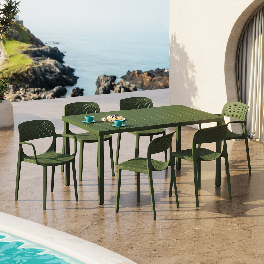 Playa 7-Piece Outdoor Rectangular Metal Patio Dining Table Set With Stackable Patio Dining Chairs