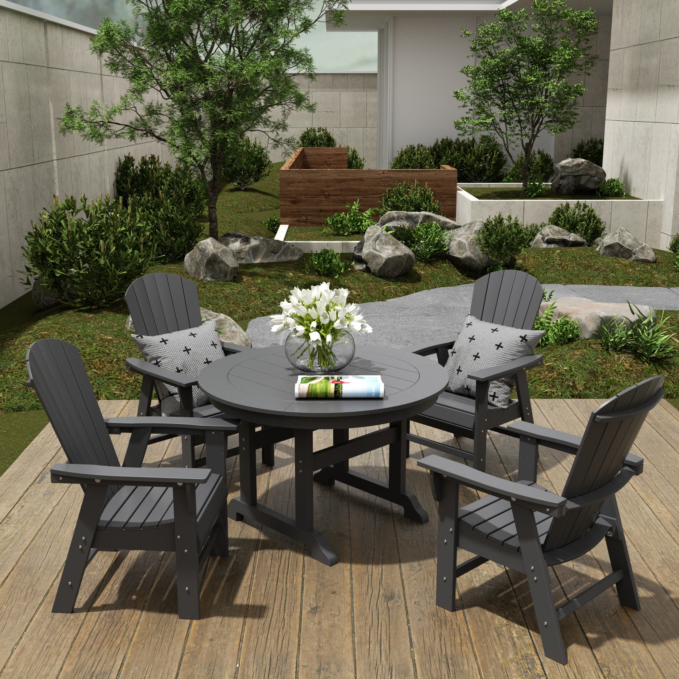 Dylan 5 Piece Outdoor Patio Dining Round Table and Shell Back Armchair Set