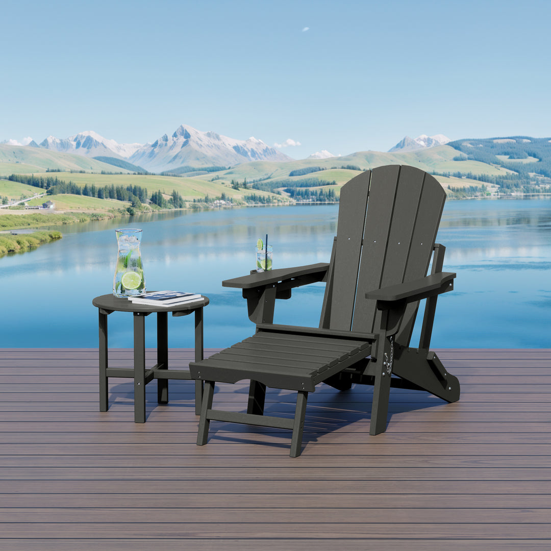 Malibu 2-Piece Outdoor Folding Adjustable Adirondack Chair with Cup Holder & Hideaway Ottoman and 18" Side Table