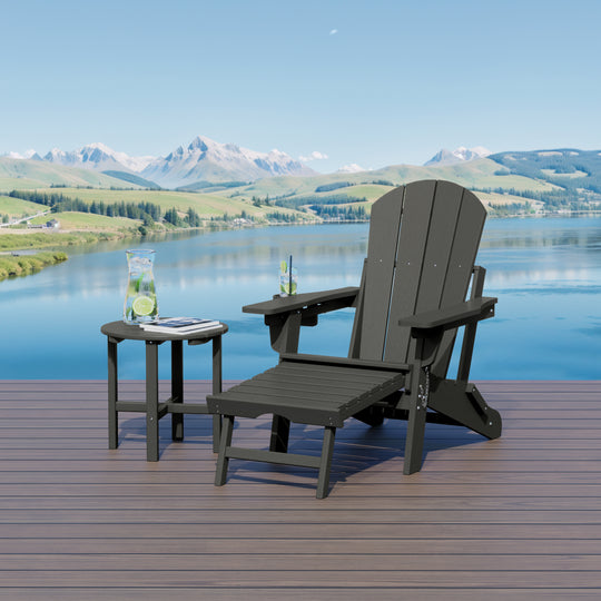Malibu 2-Piece Outdoor Folding Adjustable Adirondack Chair with Cup Holder & Hideaway Ottoman and 18" Side Table
